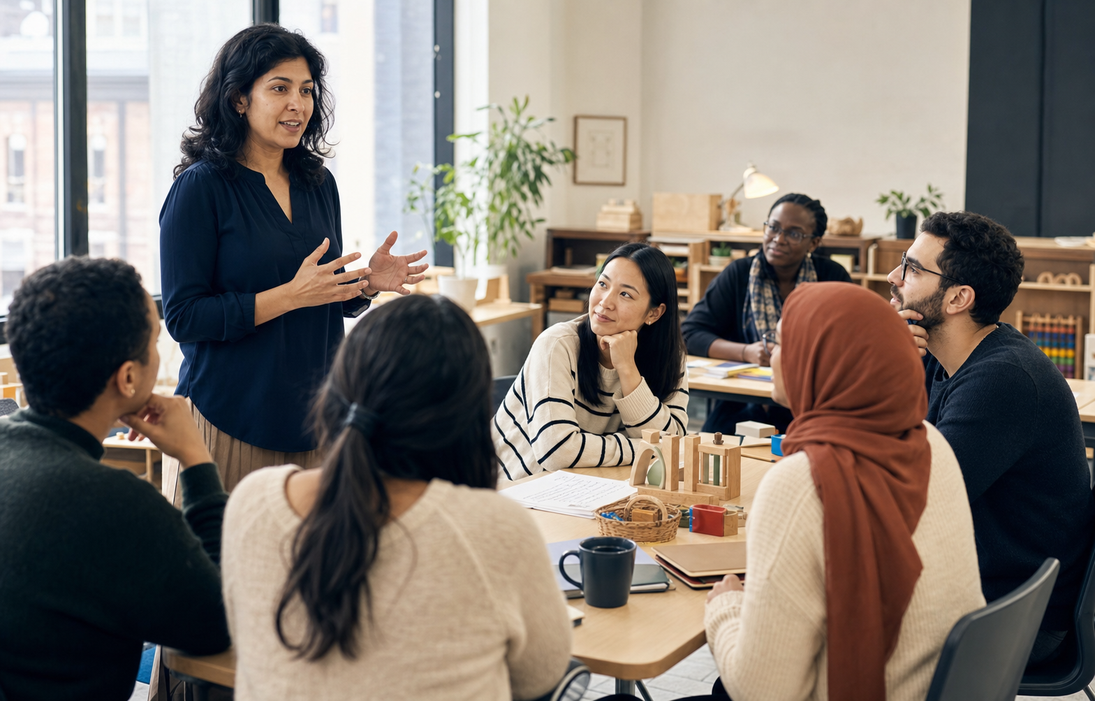 Woman professor teaching early childhood education to multicultural adult students